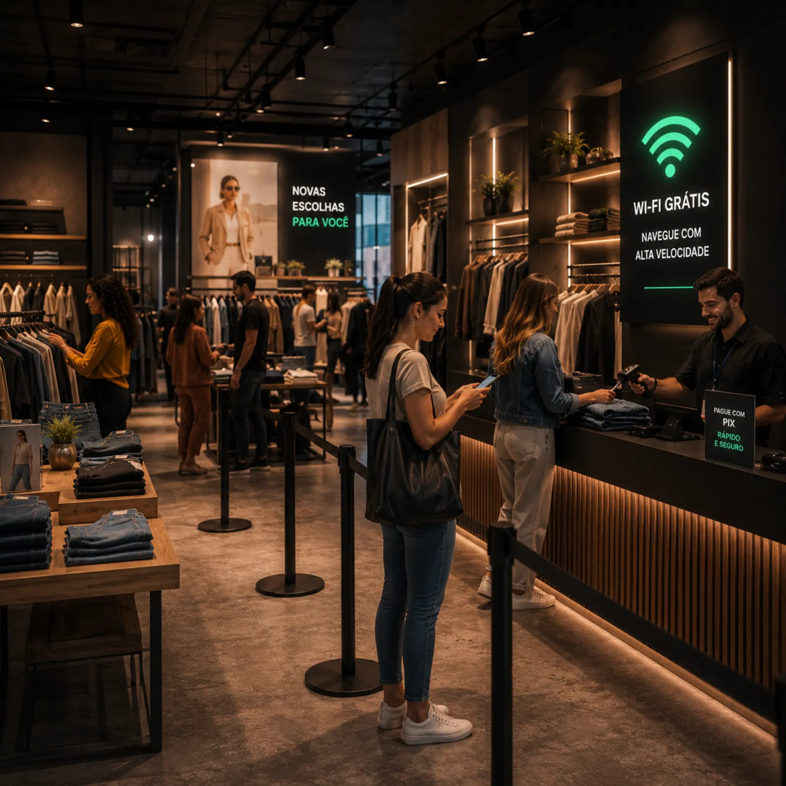 Loja de varejo com clientes e Wi-Fi grátis