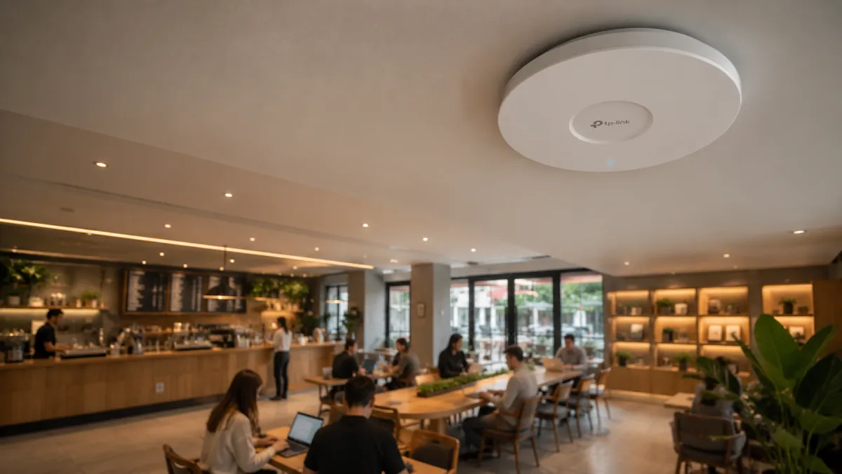 Access point de teto Omada EAP773 em ambiente comercial